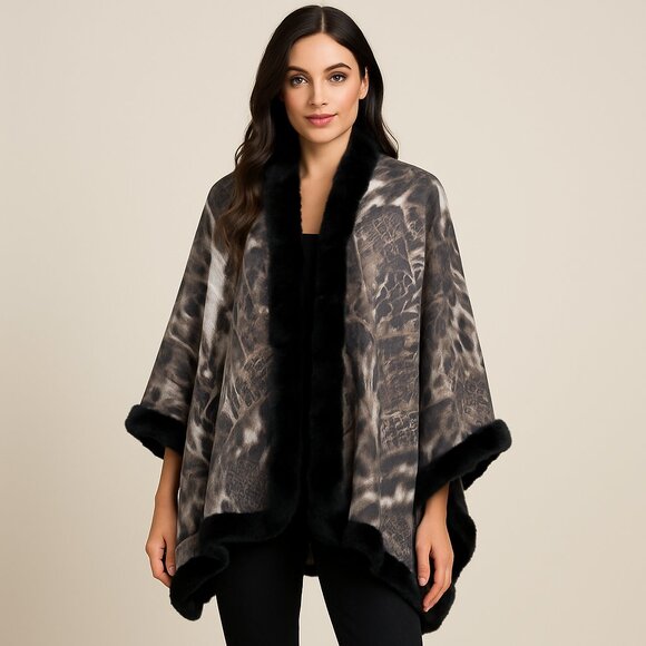 Boutique Chic Faux Fur Trim Animal Lace Wrap – One Size - Picture 1 of 4